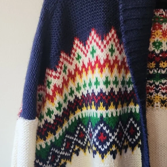 American Eagle Fair Isle Cardigan Chunky Knit Cream Navy Pockets, Size Xxl - Picture 6 of 12